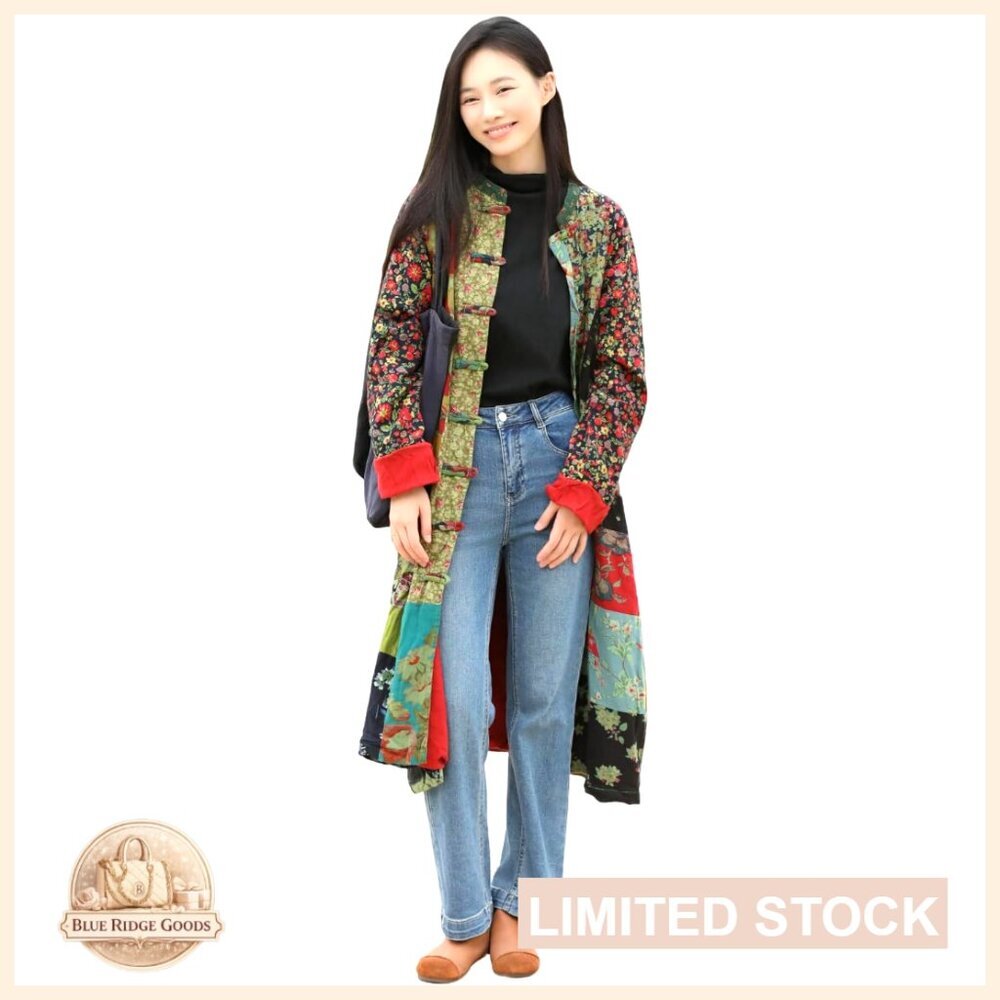Oversized Trench Coat Patchwork Floral Artistic Boho Vintage Cottagecore Style